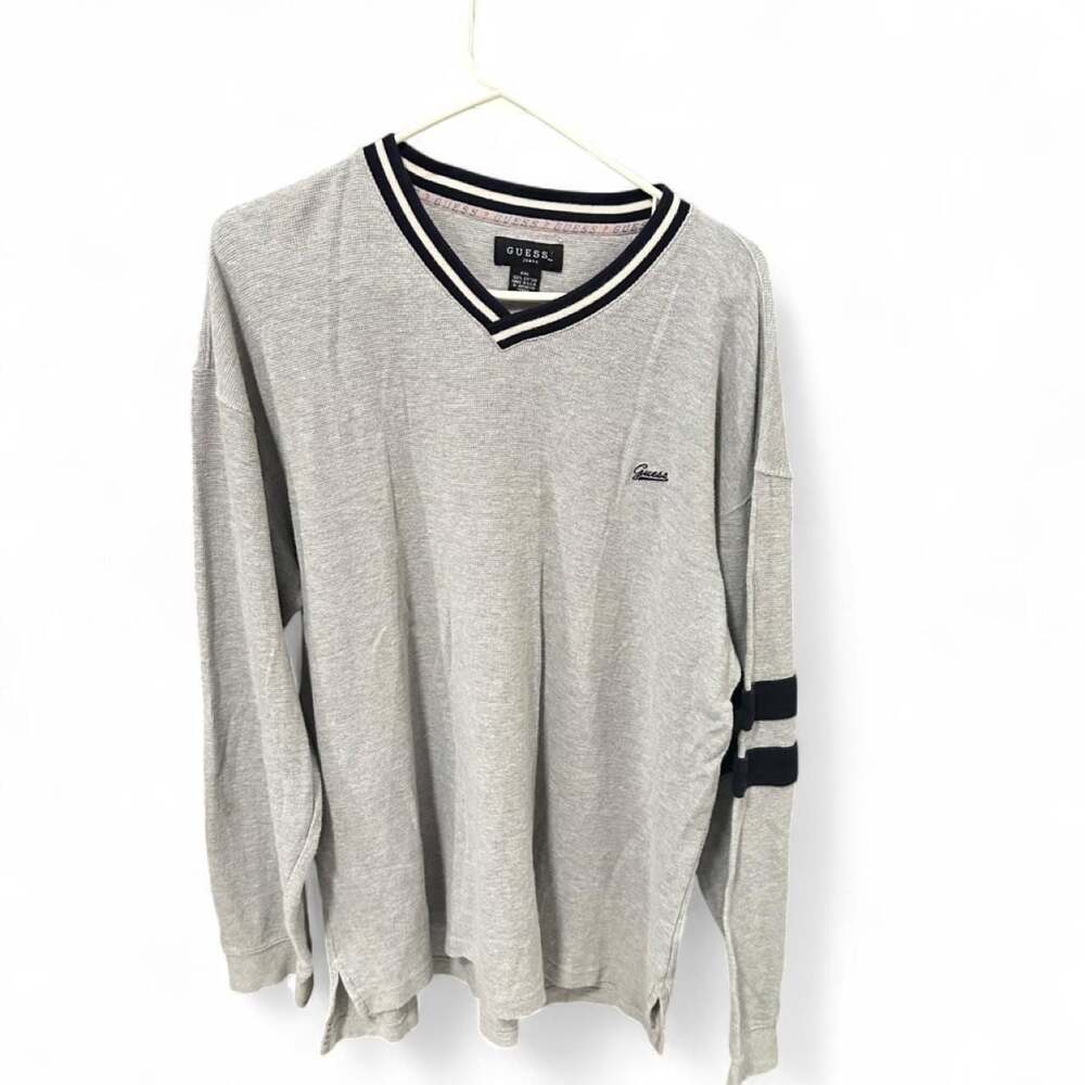 Vintage 90s Guess Jeans Waffle Knit V-Neck Thermal Pullover XXL
